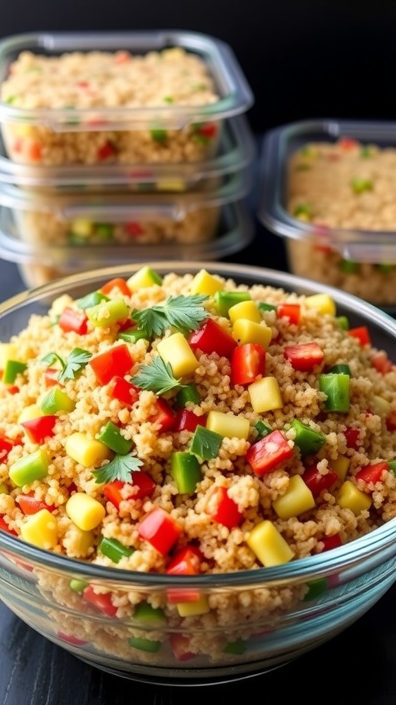 A colorful quinoa salad with vegetables in a glass bowl, with containers for freezing in the background.